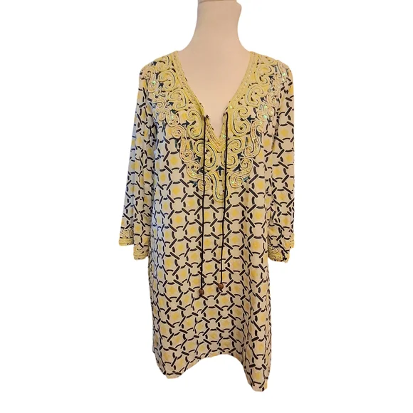 Barbara Gerwit Embellished Geometric Print Cover-Up Tunic Top Women Size Large - Picture 3 of 16